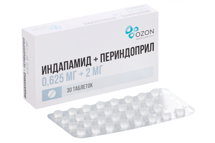 Индапамид+Периндоприл 0.625 мг+2 мг, 30 шт, таблетки