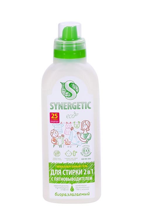 Гель SYNERGETIC д/стирки 2 в 1 с пятновыводителем гипоаллергенный 0,75 л