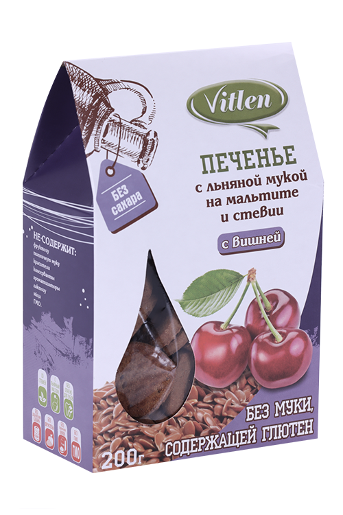 Печенье Vitlen с льняной мукой на мальтите и стевии с вишней, 200 г