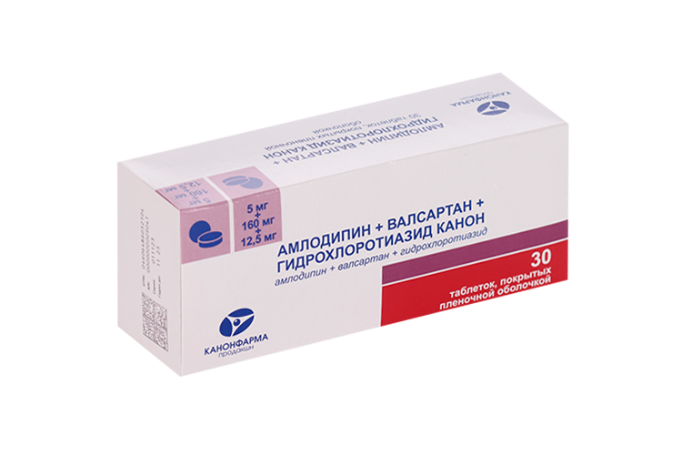

Амлодипин+Валсартан+Гидрохлоротиазид Канон 5 мг+160 мг+12.5 мг, 30 шт, таблетки покрытые пленочной оболочкой
