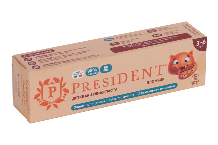 

З/паста PRESIDENT Пломбир 50 RDA детская (3-6 лет), 43 г