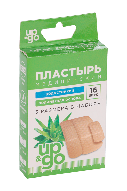 Пластырь UP&GO бактер/водостйк/полимер основа с Алоэ 3 размера, 16 шт