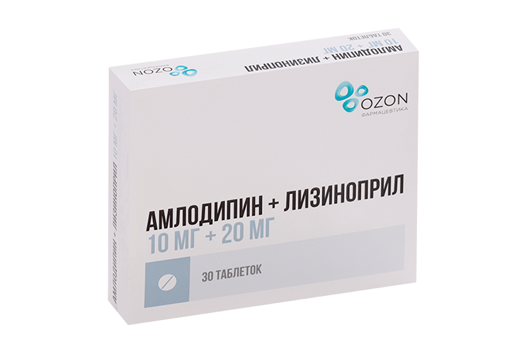 

Амлодипин+Лизиноприл 10 мг+20 мг, 30 шт, таблетки