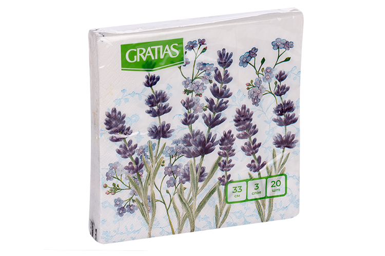 

Салфетки Gratias 2-х слойные бумажные Лавандовый луг 33х33 см, 20 шт