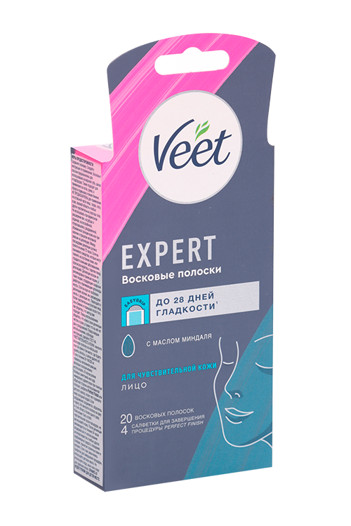 Восковые полоски Veet Expert д/чувств кожи д/лица с маслом миндаля, 20 шт