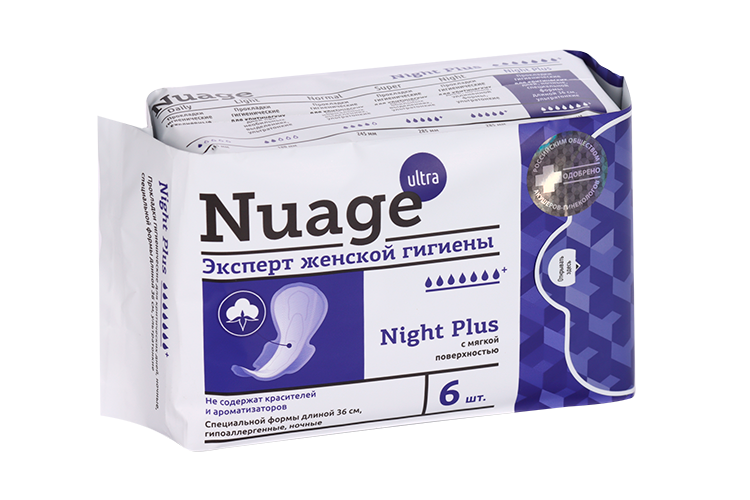 Прокладки Nuage Night Plus специальной формы с мягкой поверхностью женские ночные, 6 шт