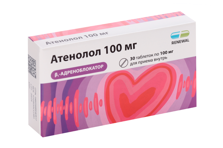 

Атенолол 100 мг, 30 шт, таблетки Renewal