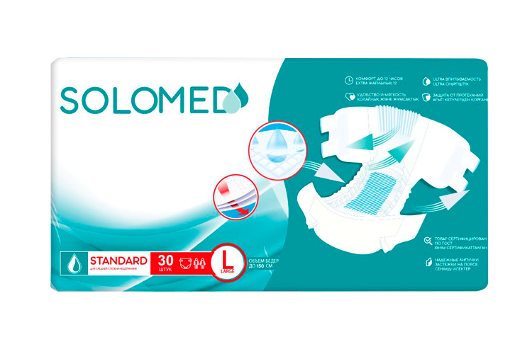 

Подгузники д/взрослых Solomed Standart средняя степень недержания р L, 30 шт