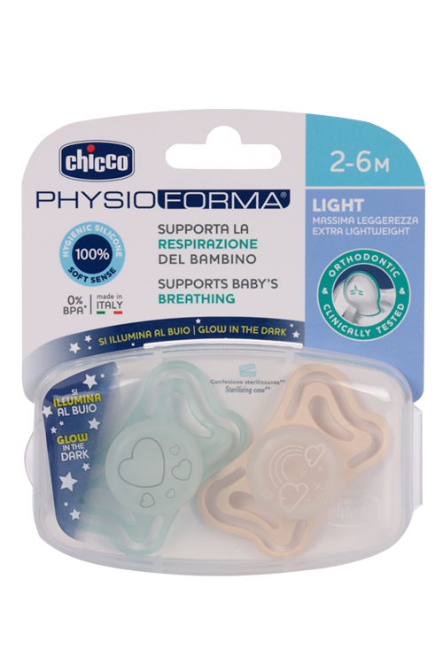 Пустышка Chicco Physio Light силикон светящаяся (2-6 мес), 2 шт