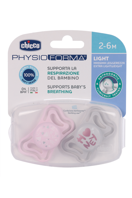 Пустышка Chicco Physio Light силикон нейтральный/стрелочки розовая (2-6 мес), 2 шт