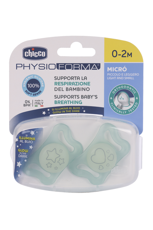 

Пустышка Chicco Micro силикон звездочки/сердечки светящаяся (0-2 мес), 2 шт