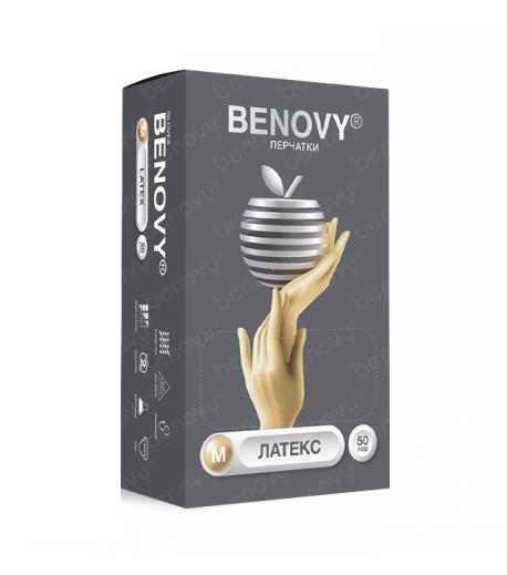 

Перчатки Benovy смотр/латекс/нестерил/неопуд текстур на пальцах с однокр хлоринацией M, 50 шт, пара натур цвет