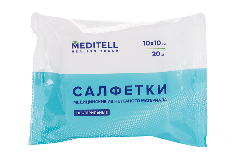 

Салфетки МЕДИТЕЛЛ мед н/стерил из неткан матер 4-х сл 70%хл/30%пэ 10 см х10 см, 20 шт
