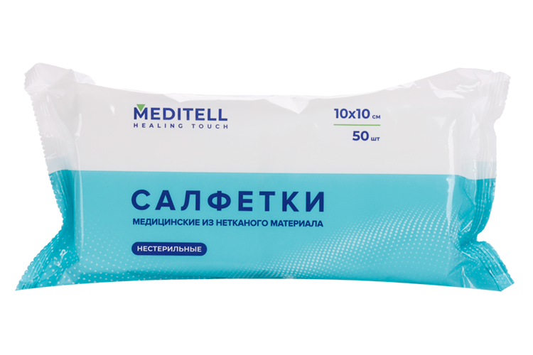 Салфетки МЕДИТЕЛЛ мед н/стерил из неткан матер 4-х сл 70%хл/30%пэ 10 см х10 см, 50 шт