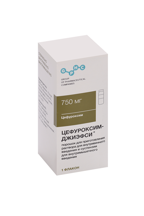 

Цефуроксим-Джиэфси 750 мг, 750 мг, порошок для приготовления раствора для внутривенного введения и суспензии для внутримышечного введен