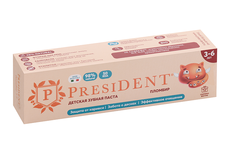 

З/паста PRESIDENT Пломбир 50 RDA детская (3-6 лет), 50 г, (4610082715578)