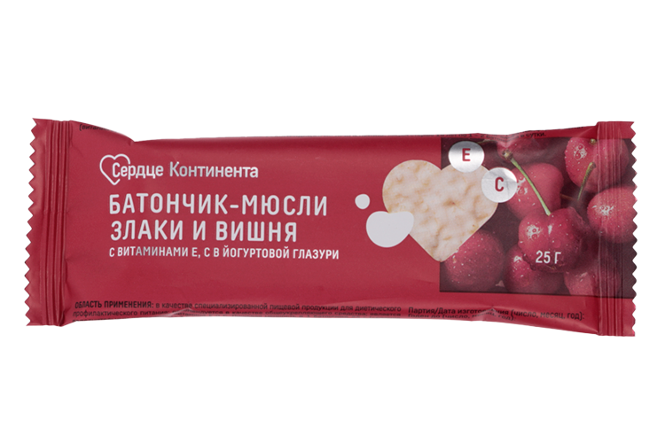 Батончик-мюсли Сердце Континента Злаки/вишня с вит Е/С, 25 г