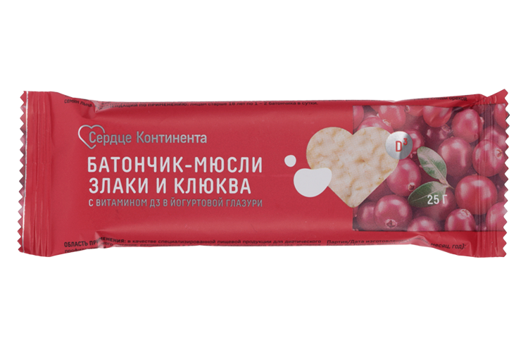 Батончик-мюсли Сердце Континента Злаки/клюква с вит Д3, 25 г