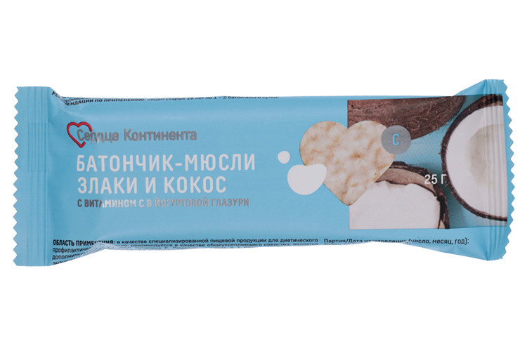 Батончик-мюсли Сердце Континента Злаки/кокос с вит С, 25 г