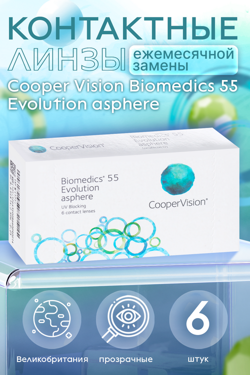 Линзы Cooper Vision Biomedics 55 Evolution asphere контактные R8.6 (диоптрия -1,0), 6 шт