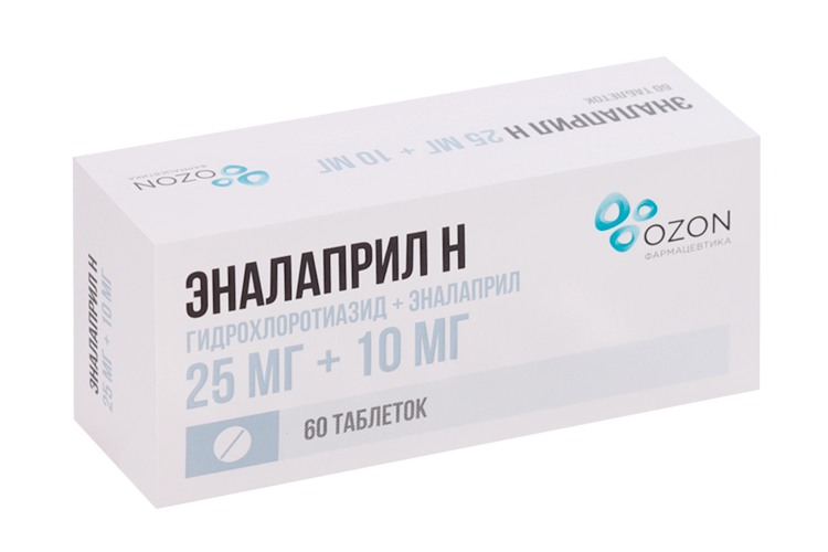 

Эналаприл Н 25 мг+10 мг, 60 шт, таблетки