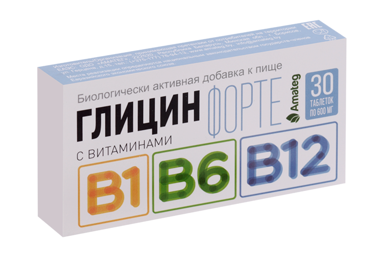 

Глицин форте Аматег с витаминами В1/В6/В12, 30 шт, таблетки