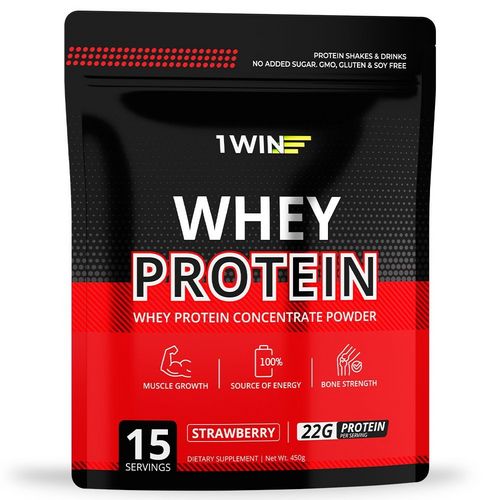 Протеин 1WIN whey protein белковый коктейль д/питания спортсменов без сахара клубника, 450 г, (77193)