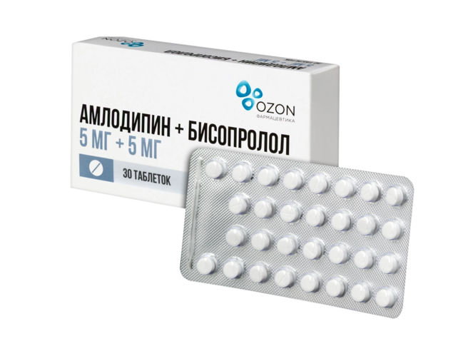 

Амлодипин+Бисопролол 5 мг+5 мг, 30 шт, таблетки