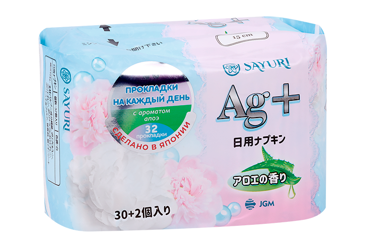 

Салфетки Sayuri Argentum+ ежедневные гигиенические с аром алоэ, 15 см, 32 шт