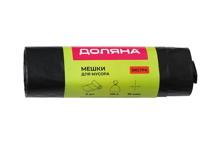 Мешки д/мусора Доляна с завязками 120 л 35 мкм ПНД 9 шт цвет черный