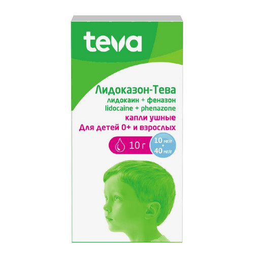 Лидоказон-Тева 10 мг/г+40 мг/г, 10 г, капли ушные
