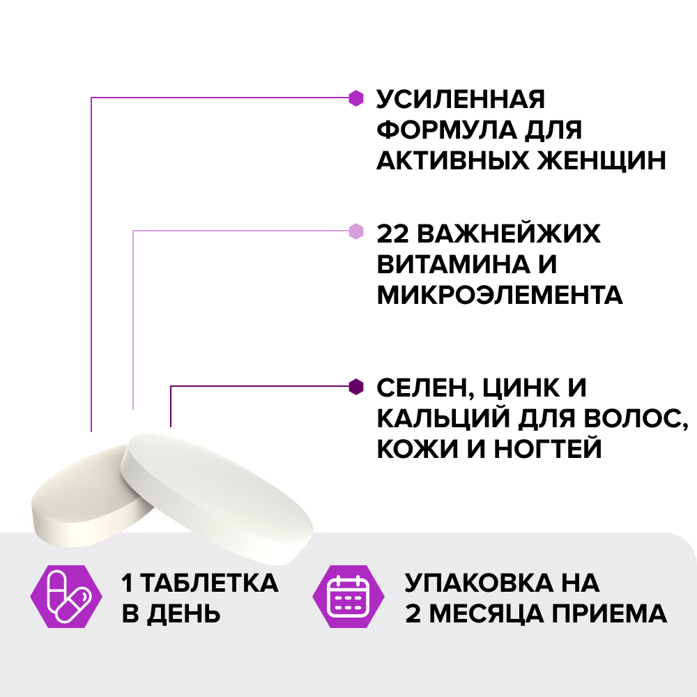Витамины Форте, Risingstar, комплекс для женщин, волос/нервов/30+/B/Д3/Е/С/zinc/фолиевая/цинк/селен/хром/медь, 1,660 гр, 60 шт