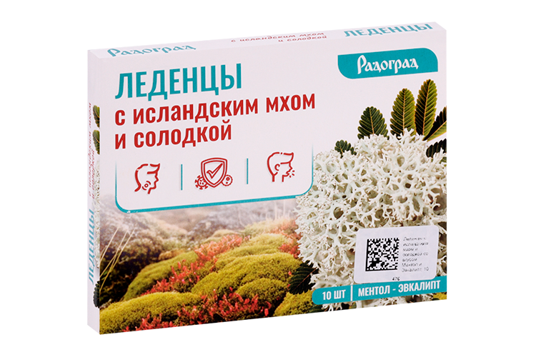 

Леденцы с исландским мхом/солодкой Радоград со вкусом ментол/эвкалипт, 3,2 г, 10 шт