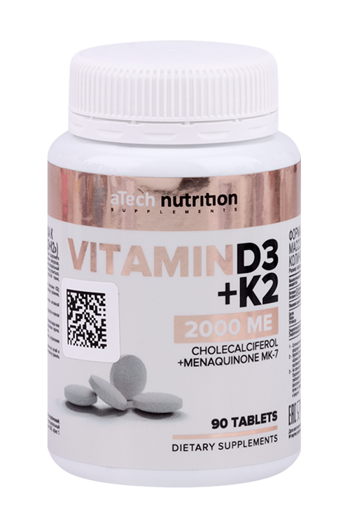 Витамин Д3+К2 2000 ME aTech nutrition, 90 шт, таблетки