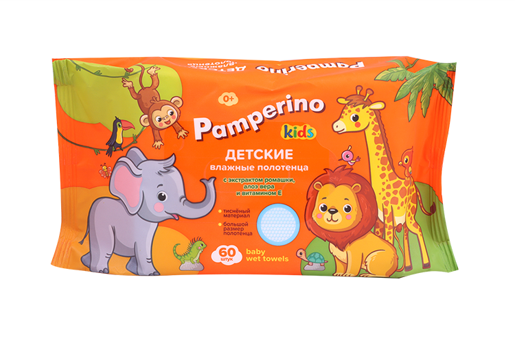 Полотенца Pamperino Kids влажные с экстрактом ромашки/алоэ вера/витамином E, 60 шт