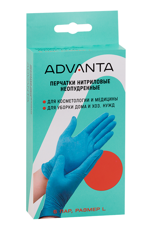 Перчатки АДВАНТА н/стерил нитрил смотр р L, 5 шт, пара