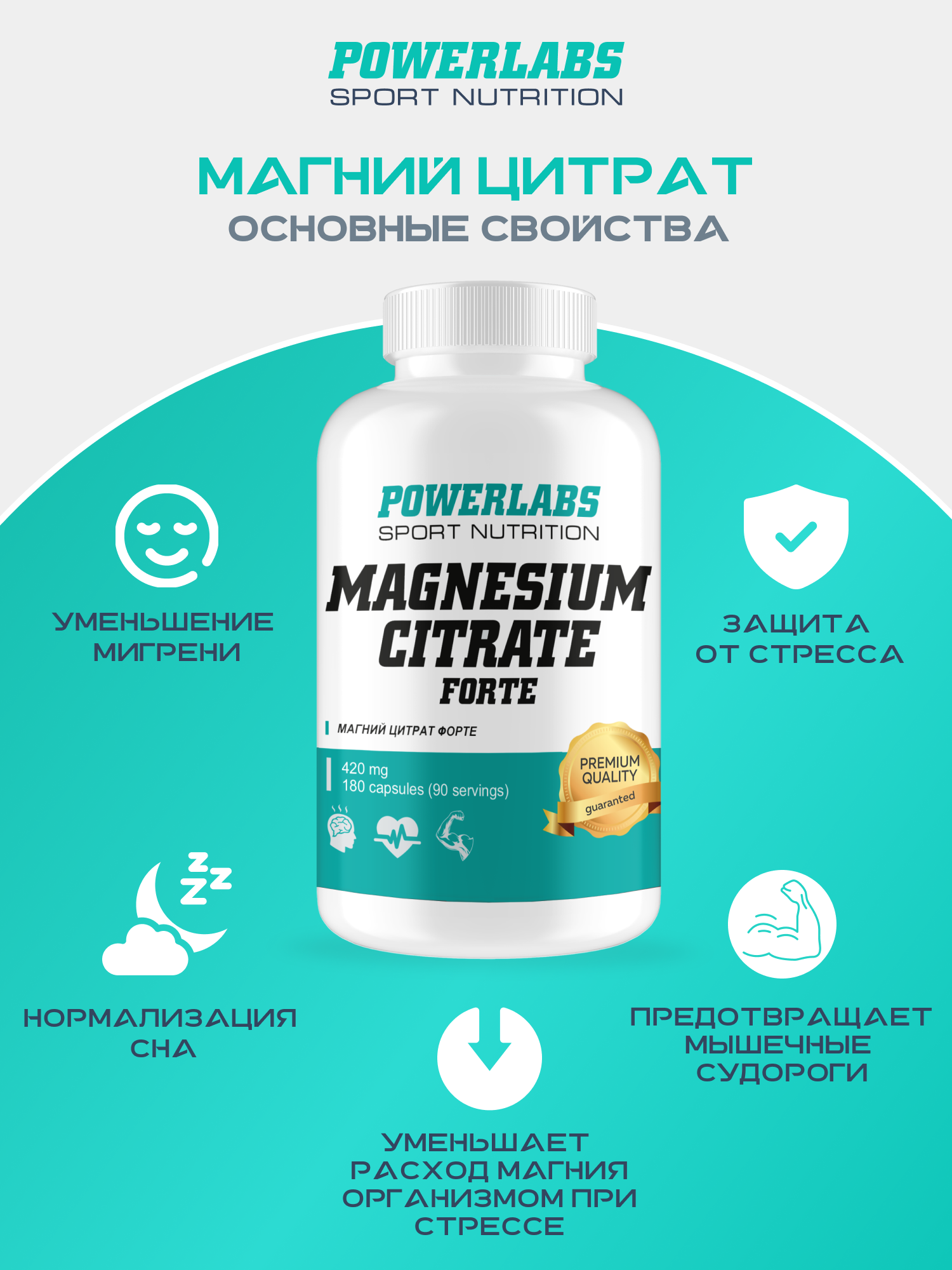 Магний Цитрат, Powerlabs, 180 капсул