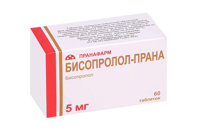 Бисопролол-Прана 5 мг, 60 шт, таблетки покрытые пленочной оболочкой