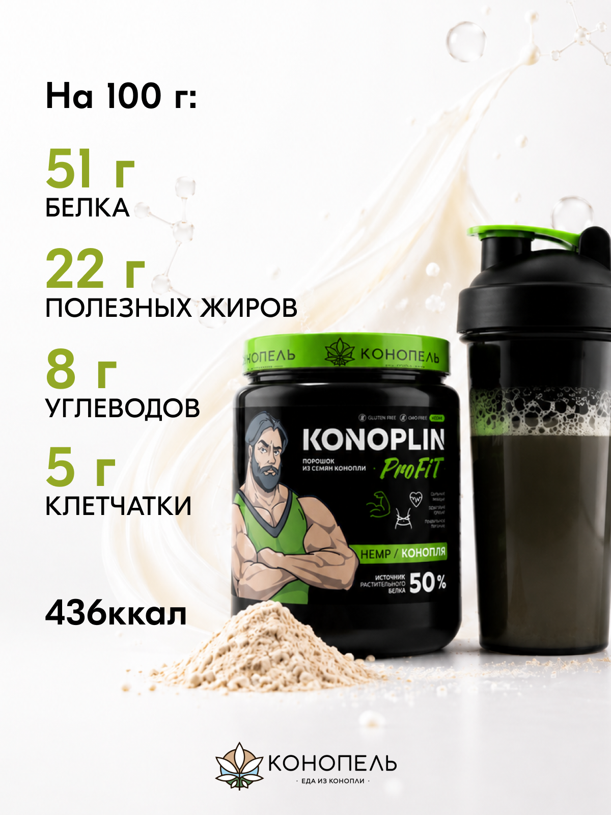Растительный конопляный протеин Коноплин из очищенных семян (ядер) конопли, для здоровья и похудения, Компания Конопель, 500г