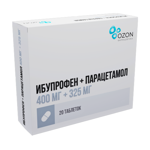 Ибупрофен+Парацетамол 400 мг+325 мг, 20 шт, таблетки покрытые пленочной оболочкой