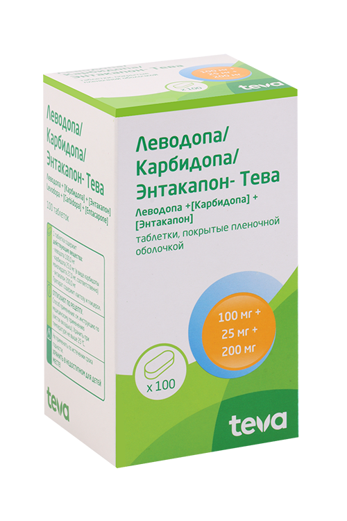 Леводопа/Карбидопа/Энтакапон-Тева 100 мг+25 мг+200 мг, 100 шт, таблетки покрытые пленочной оболочкой