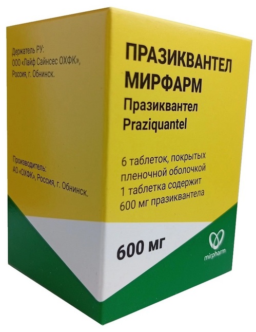 Празиквантел Мирфарм 600 мг, 6 шт, таблетки покрытые пленочной оболочкой банка