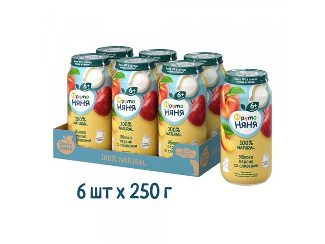 Пюре Фрутоняня яблоко/персик/сливки/сахар с 6 мес, 250 г, 6 шт, стекло