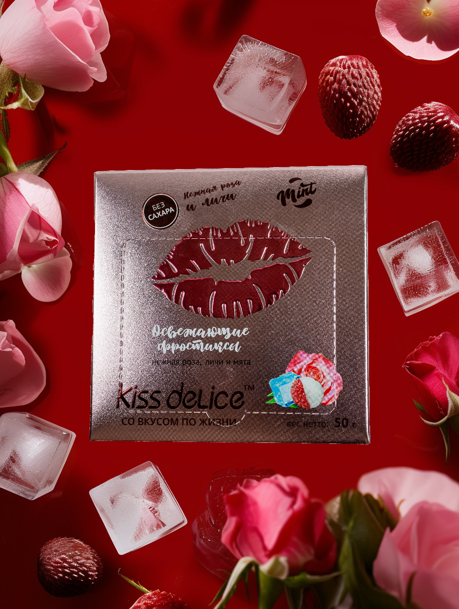 

Конфеты-леденцы без сахара Kiss Delice со вкусом Нежная роза, Личи и Мята, 50г