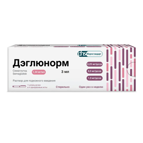 Дэглюнорм 0.25/0.5/1 мг/доза, 3 мл, раствор для подкожного введения шприц-ручки в компл с иглами 4 шт