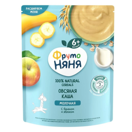 Каша Фрутоняня овсяная молоко/яблоко/банан (с 6 мес), 190 г, сухая