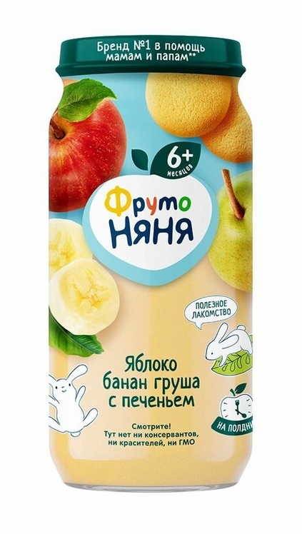 Пюре Фрутоняня яблоко/банан/груша/печенье (с 6 мес), 250 г, 6 шт