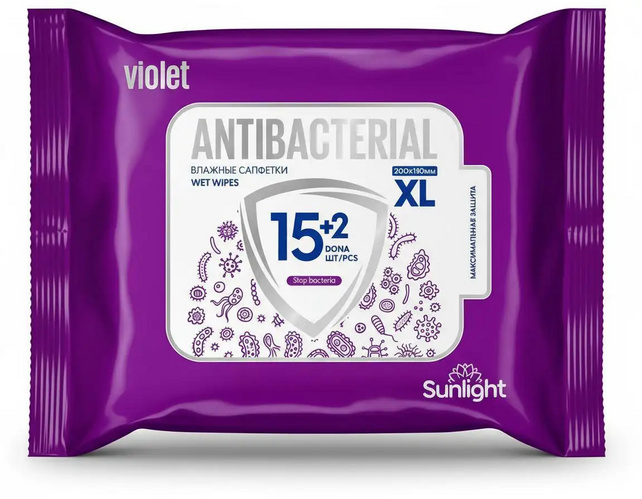 Салфетки Sunlight Violet антибактериальные влажные XL, 17 шт