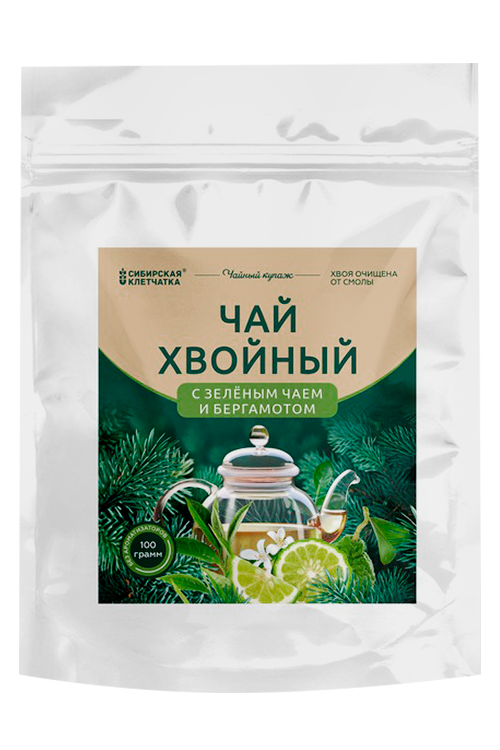 Чай Сибирская клетчатка с зеленым чаем/кусочками бергамота хвойный, 100 г
