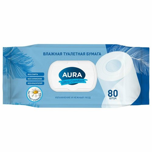 Aura влажная туалетная бумага с крышкой Ромашка, 80 шт